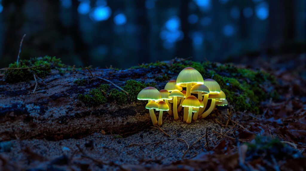 Close-up of glowing Mycena mushrooms on a mossy pine log in a dimly lit forest, with soft focus on pine needles and tree trunks in the background.