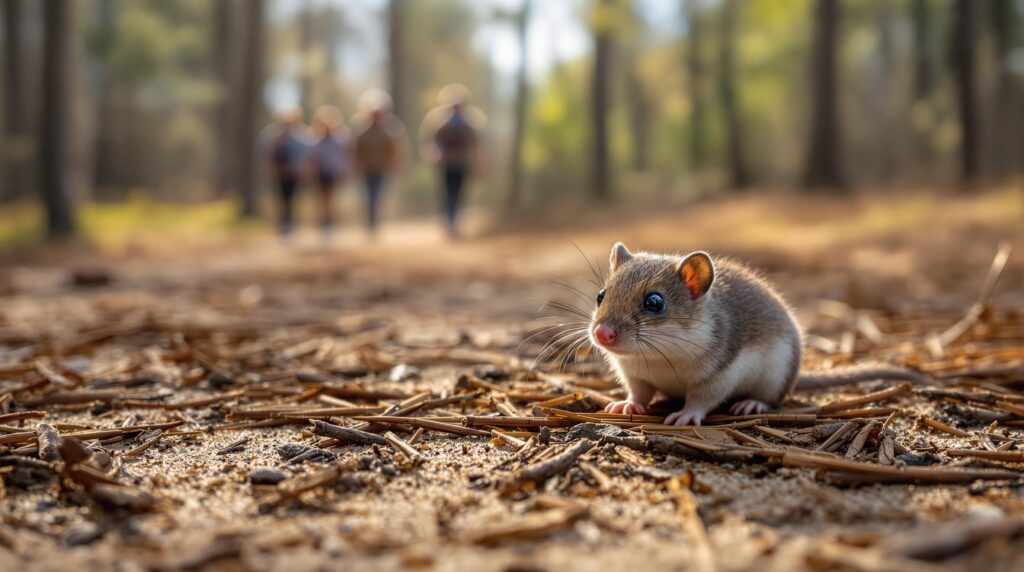 A least shrew stands on pine needles and sandy soil in a forest clearing, with a blurred group of hikers walking along a trail in the background amid pitch pines and scrub oaks, bathed in warm afternoon sunlight.