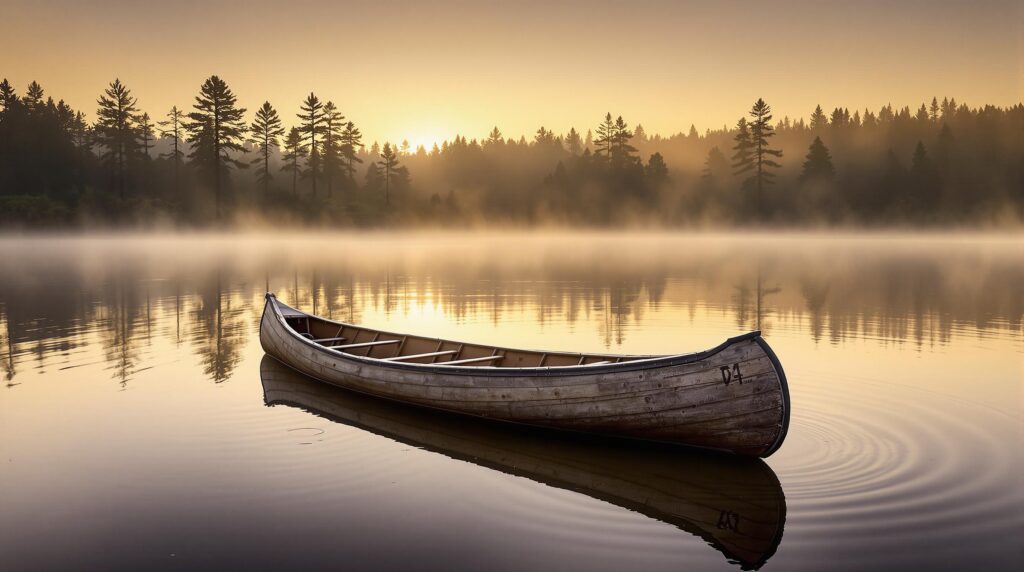 Weathered wooden canoe partially submerged at sunrise on a misty pond, surrounded by blurred pine trees and soft golden light, evoking mystery and tranquility.