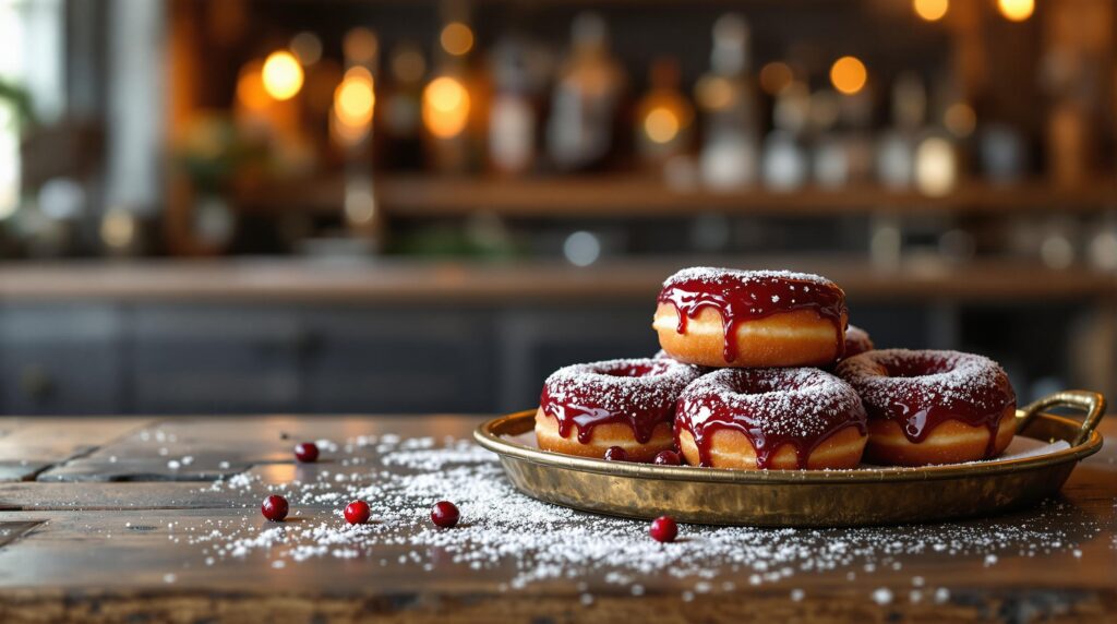 Artisan donuts with cranberry glaze and powdered sugar on a vintage brass tray, set on a rustic wooden table with blurred speakeasy-style background and warm lighting