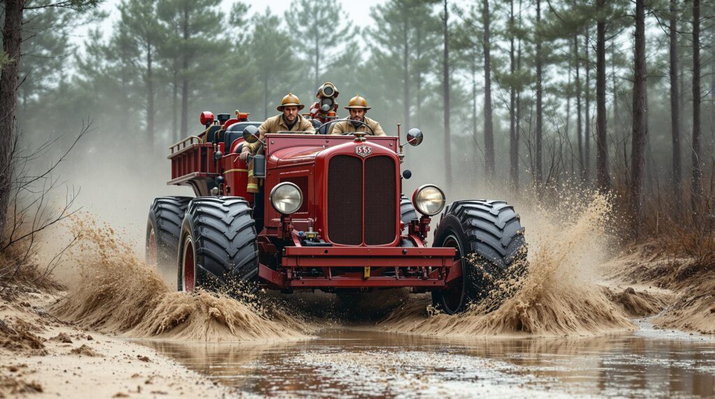 Restored 1935 red firetruck with large mud tires drives through a flooded sandy track in a pine barrens setting, two firefighters in vintage gear riding in the open cab, water splashing under the wheels, misty pine forest background.