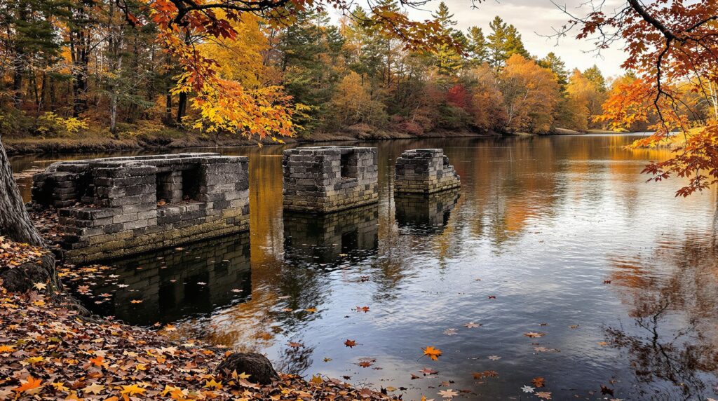 Weathered stone canal ruins partially submerged in the Batsto River, surrounded by pine trees and autumn leaves under warm afternoon sunlight in the Pine Barrens of Chatsworth, New Jersey