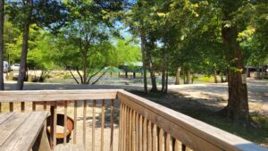 A wooden deck with a picnic table overlooks a small pond surrounded by trees on a sunny day. A dirt road and parked vehicles are visible in the background.