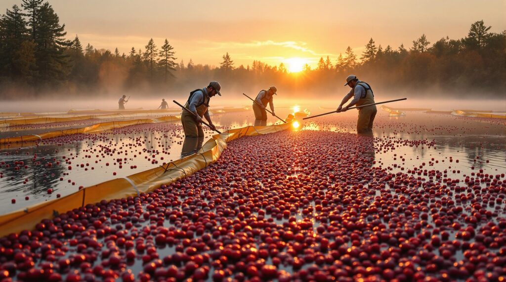 Farm workers in waders harvest cranberries at sunrise in a flooded bog, guiding floating red berries with wooden poles as mist rises over autumn foliage in the background.