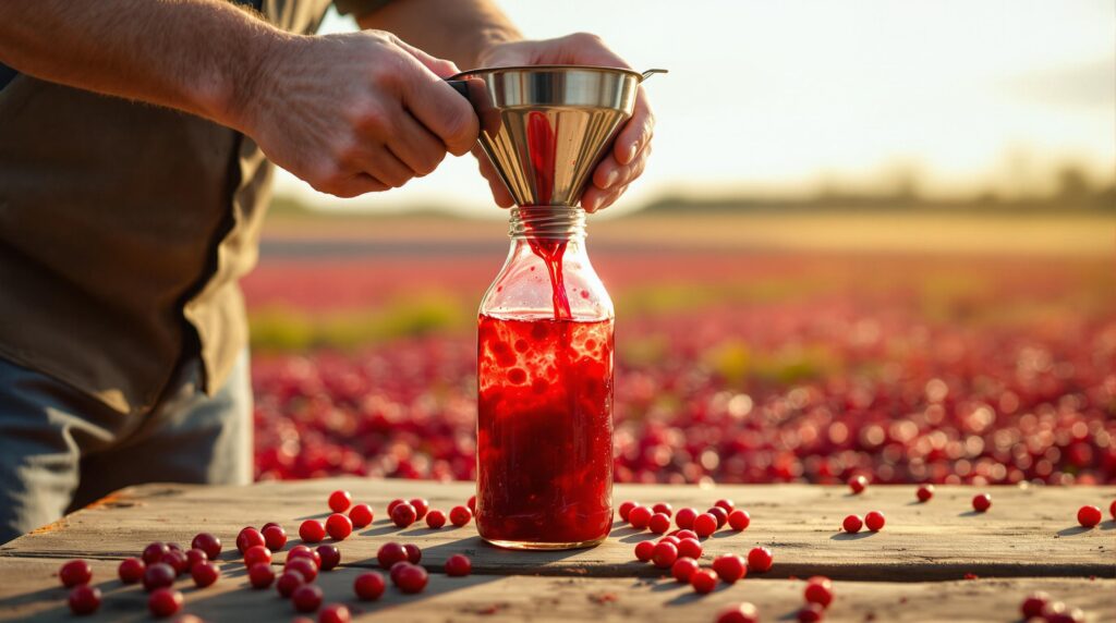 Close-up of a farmer pouring fresh cranberry juice into a glass bottle with a cranberry bog and floating berries softly blurred in the background.