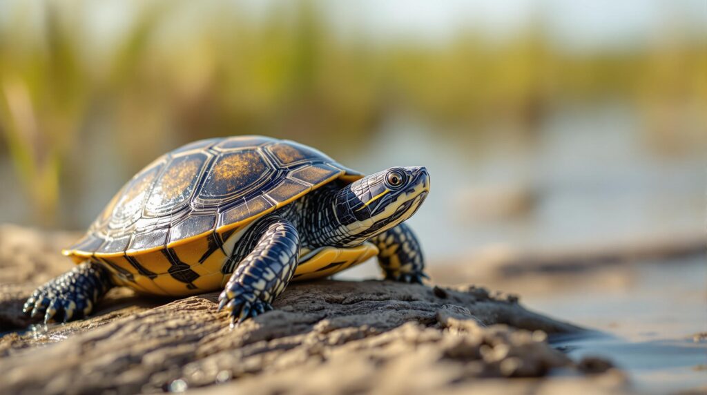 Diamondback terrapin resting on driftwood in a sunlit salt marsh with green grasses and calm water, photographed in a natural setting near Chatsworth, New Jersey.