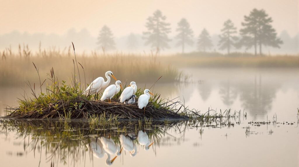 Great egrets nesting on a marshy island at dawn, with adults feeding chicks among reeds and soft morning mist in a tranquil wetland.