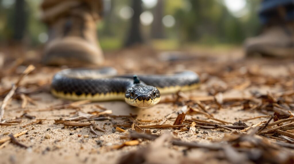 Northern pine snake with radio transmitter moves across sandy pine-needle forest floor, with blurred pine trees and researcher’s boot in the background.