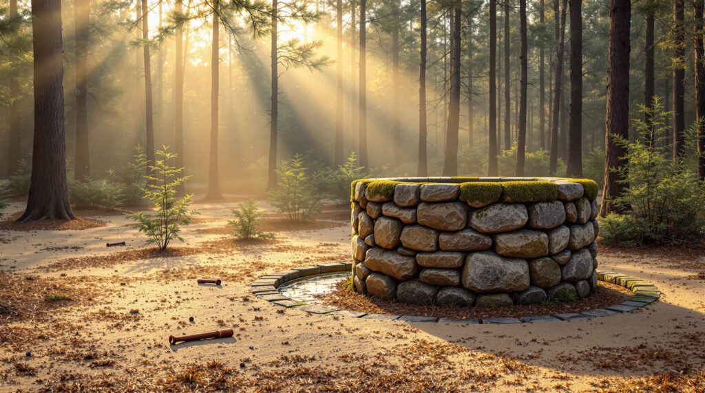 Moss-covered stone well surrounded by pine trees and rusted iron tools in a misty Pine Barrens clearing near Chatsworth, New Jersey.