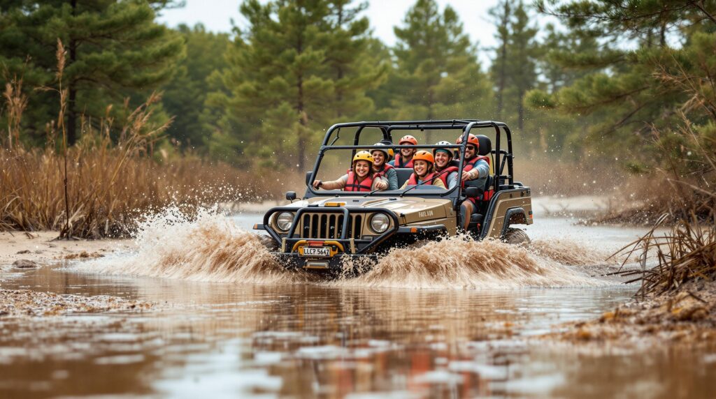 Tourists riding a swamp-buggy through a muddy wetland in a pine forest, with water splashing and tall reeds in the background, on an overcast day.