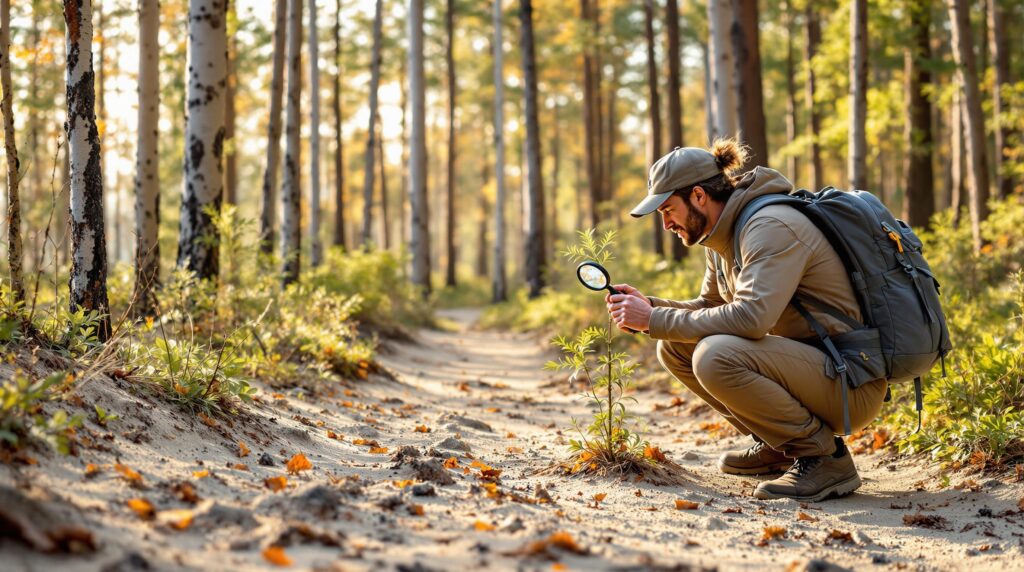 Hiker examining a young pitch pine sapling with a magnifying glass on a sandy woodland trail in the Pine Barrens, surrounded by fire-scorched trees and subtle signs of fungal infection, in soft early morning light.