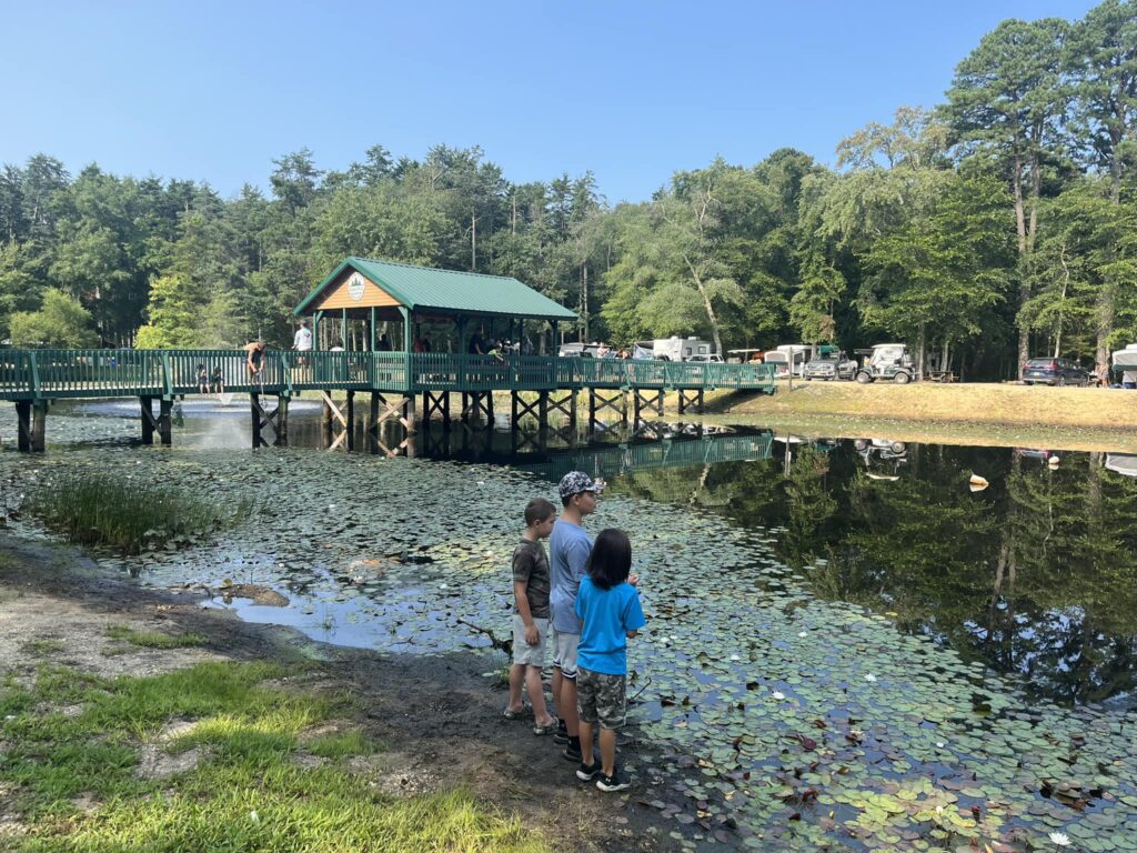 Three children stand by the edge of a pond with lily pads, near a covered wooden pier where people are gathered. In the background, trees and parked vehicles hint at nearby Seasonal RV Sites under a clear sky.