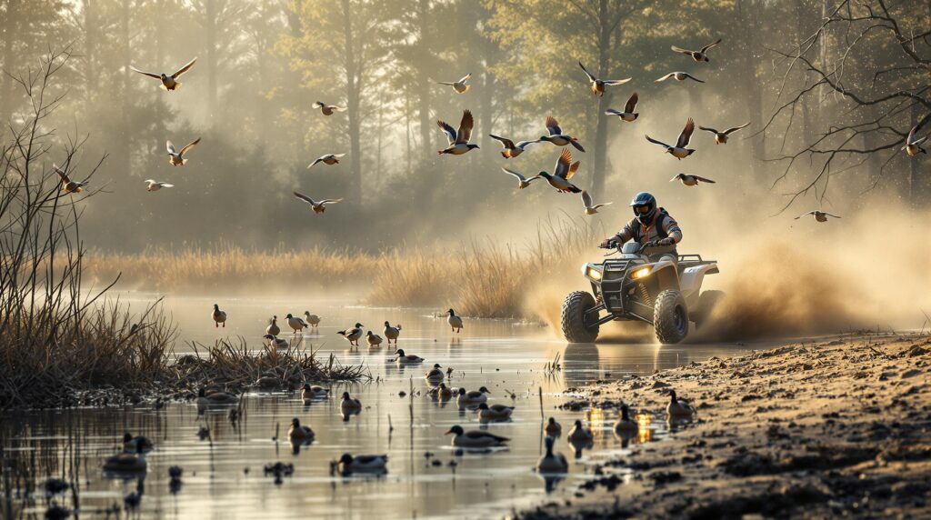 An ATV drives along a sandy trail beside a misty lakeshore, startling mallards and Canada geese from their nests among reeds in a pine forest setting.