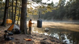 Camper sets up a bear bag on a suspension system between pine trees at a riverside campsite with scattered gear and soft sunlight in the Pine Barrens near Chatsworth, New Jersey.