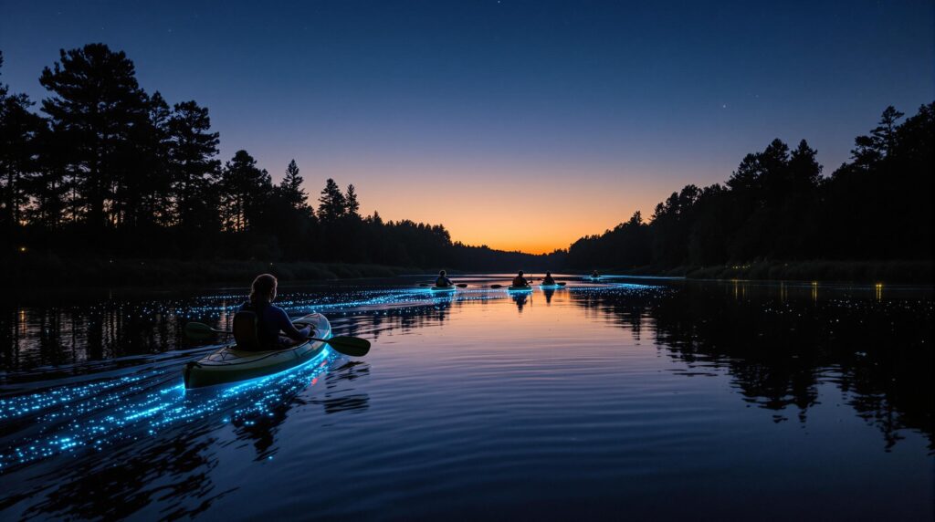 Kayakers paddle along a calm river at dusk, leaving glowing blue-green bioluminescent trails in the water, with silhouetted pine trees and a soft twilight sky in the background.
