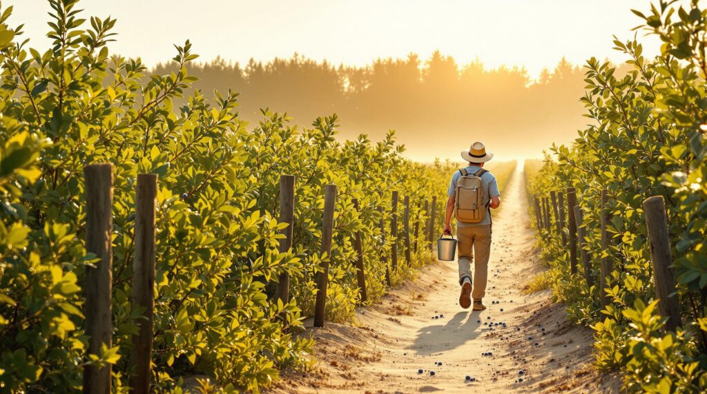 A person in a straw hat walks along a sandy path bordered by lush blueberry bushes, collecting berries in a metal pail on a sunlit nature trail with pine trees and morning mist in the background.
