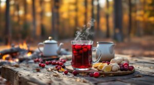A steaming glass mug of red ginger-cranberry cordial sits on a rustic wooden picnic table near a small campfire, surrounded by fresh cranberries, ginger slices, and pine needles, with blurred pine trees and autumn foliage in the background.