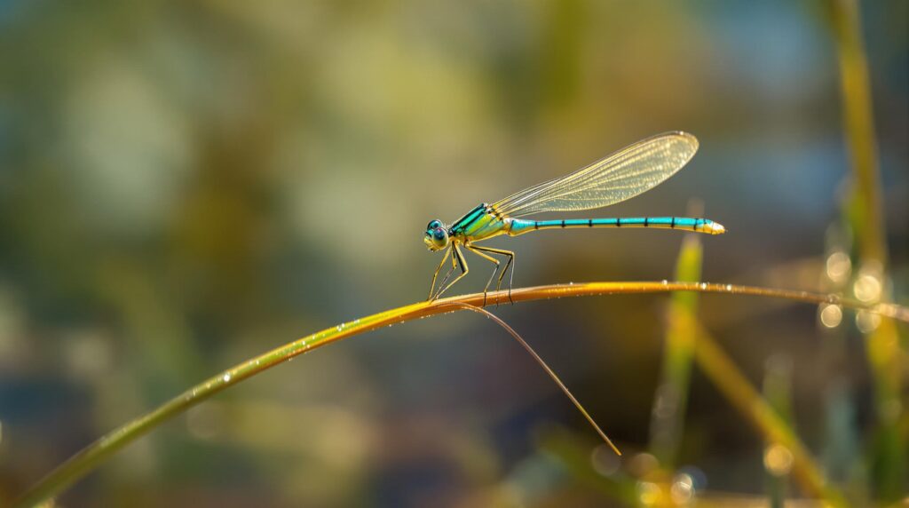 Eastern Forktail damselfly resting on a dewy grass blade near a clear stream in a pine barrens wetland, with soft morning light and blurred reeds in the background