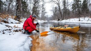 Kayaker in red drysuit testing ice thickness beside a shallow, partially frozen creek surrounded by pine trees and light snow in winter.