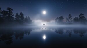 Misty twilight over a pine-fringed lake with a shadowy winged figure near the shoreline under moonlight