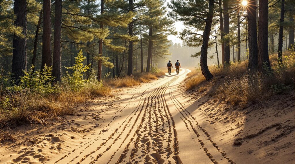 Two hikers walk along a sandy, wagon-rutted trail through pine barrens with tall pitch pines and scrub oaks under soft afternoon light.