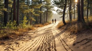 Two hikers walk along a sandy, wagon-rutted trail through pine barrens with tall pitch pines and scrub oaks under soft afternoon light.