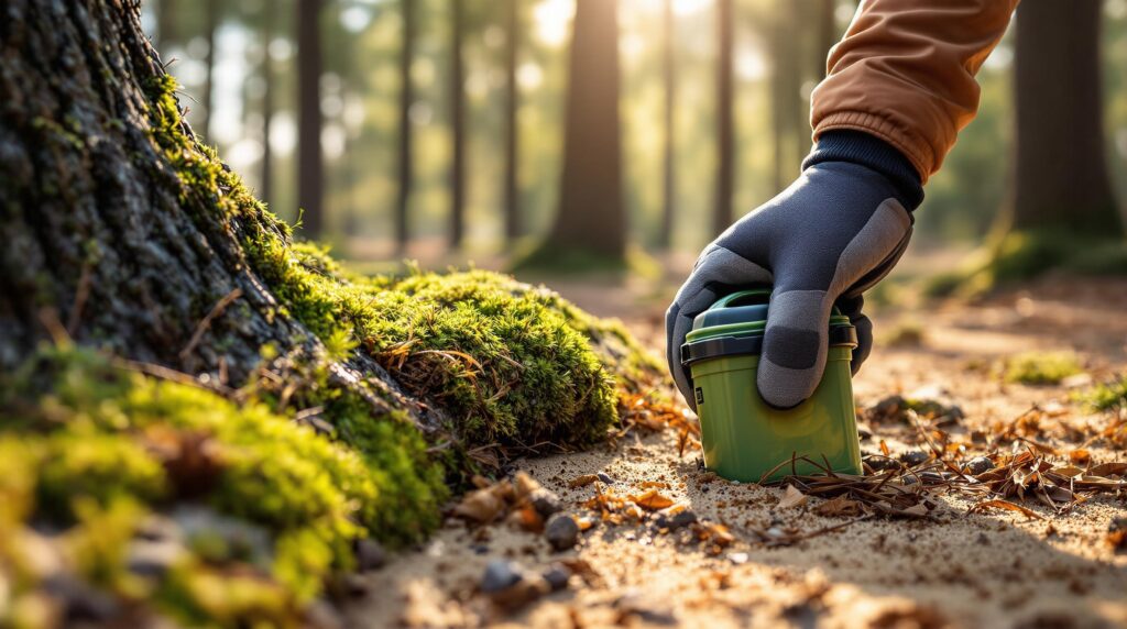 A gloved hand places a small green geocache container under a mossy log on a pine-needle-covered forest floor, with soft sunlight filtering through tall pine trees in the background.