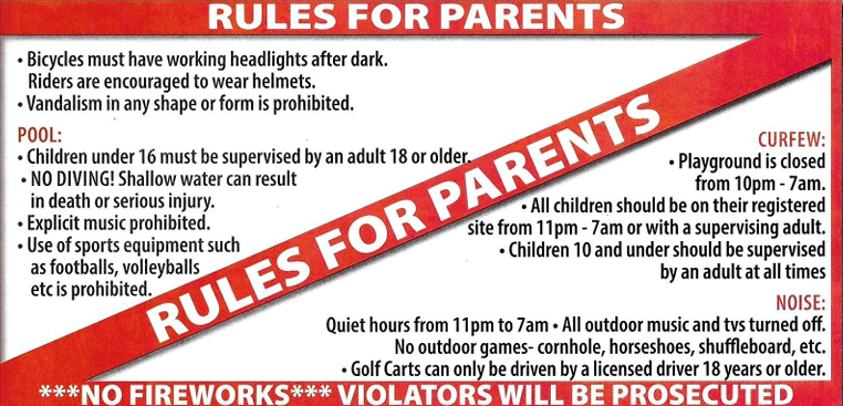 A list of Resort Rules for parents, including supervision, no fireworks, helmet use, no vandalism, and quiet hours. Also covers curfew times, prohibited activities, adult supervision requirements, and motor vehicle guidelines.