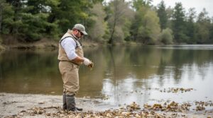 Environmental scientist in chest waders examines alligator weed by a calm, tea-colored river with pine trees in the background, under overcast light.