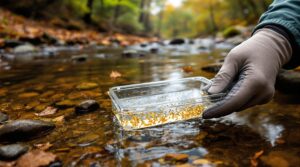 A biologist’s gloved hands hold a sampling tray filled with small aquatic insects in a shallow forest stream, with a kick net and notebook on the mossy bank, surrounded by leaf litter and pine-oak woodland.