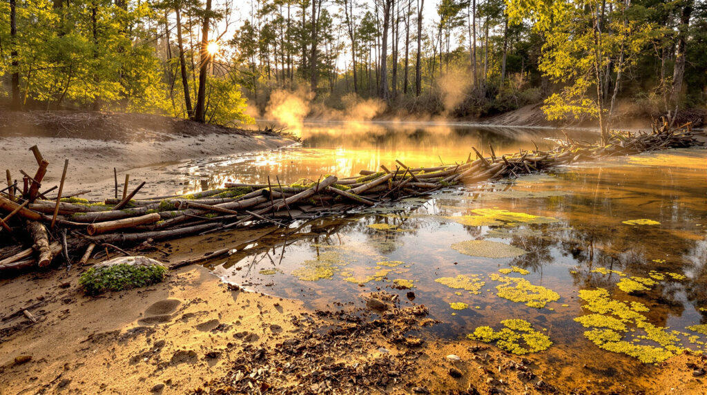 A small beaver dam built from sticks and logs spans a calm, tea-colored stream surrounded by pine trees, moss, and sandy soil in the Pine Barrens near Chatsworth, New Jersey, at sunrise with soft mist and warm sunlight filtering through the forest.