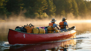 Two campers paddle a red canoe with camping gear along a misty, pine-lined river at sunrise, wearing life vests and hats, with soft golden light and a tranquil, natural setting.