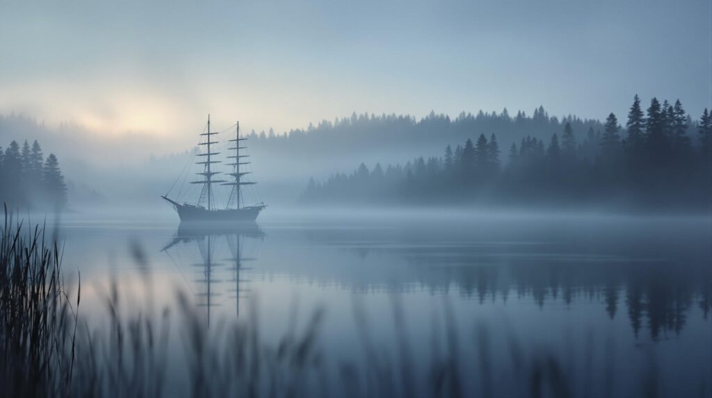 Misty pine-lined lake at dawn with a faint ghostly schooner silhouette emerging from fog, blurred reeds in the foreground, evoking a haunting atmosphere.