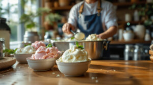 Homemade ice cream in ceramic bowls on a rustic wooden counter, with a staff member in a denim apron scooping ice cream in a cozy creamery setting, softly lit by afternoon sunlight.