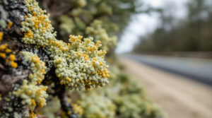 Close-up of pale green lichen growing on a pine branch beside a rural road in the New Jersey Pine Barrens, with blurred trees and asphalt in the background.