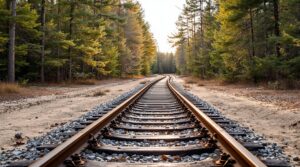 Old railroad tracks partially buried in sandy soil winding through a dense pine and cedar forest in the Pine Barrens, with soft afternoon sunlight and distant cranberry bogs