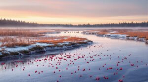 Winter cranberry marsh with red berries on icy water, snow-dusted grasses, ducks swimming, and misty sunrise in Chatsworth, New Jersey