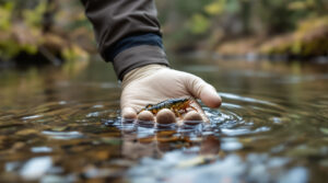 Gloved hands hold a native crayfish above a clear, shallow stream surrounded by green vegetation, highlighting aquatic biodiversity in a natural setting.