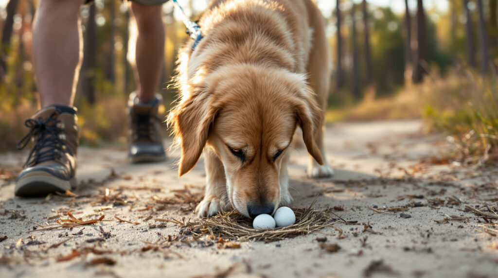 A golden retriever on a leash sniffs near a hidden bird nest with speckled eggs along a sandy trail in the Pine Barrens, with an owner’s legs and pine trees in the background.