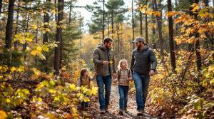 Family with two children foraging for sassafras and spicebush along a sunlit forest trail in early autumn, surrounded by pine and oak trees.