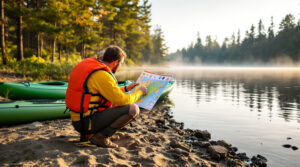 Two kayakers in bright life jackets study a color-coded safety map on a sandy riverbank beside their green kayaks, with calm Mullica River water and pine trees in the background.