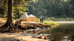 Park ranger measuring riverbank erosion near campers and tents along a sandy river edge in a pine forest, with orange safety markers highlighting hazard zones.