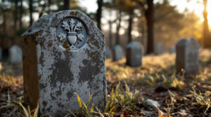 Weathered granite headstone with willow symbol in rural cemetery surrounded by grass and pine trees, soft golden light, historical atmosphere