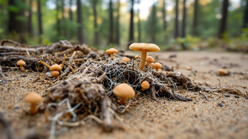 Close-up of pitch pine roots and white mycorrhizal fungi on sandy forest floor with small mushrooms and blurred pine trees in the background.