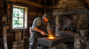 Blacksmith hammering hot iron on anvil in rustic workshop with soft forge light, evoking 18th-century bog iron tradition
