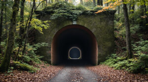 Overgrown brick tunnel entrance in dense pine barrens, surrounded by moss, autumn leaves, and soft mist, evoking a mysterious abandoned sanitarium atmosphere.