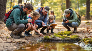 Parents and children observe a small frog by a woodland puddle in the pine barrens, taking notes and using binoculars, surrounded by trees and leaf litter on a sunny day.