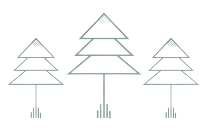 Three minimalist, geometric trees made of stacked triangles and vertical lines on a plain background.