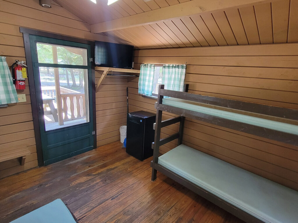 Small wooden cabin interior with a green door, bunk bed, window with checkered curtains, mini fridge, TV on a shelf, and visible wooden floor.