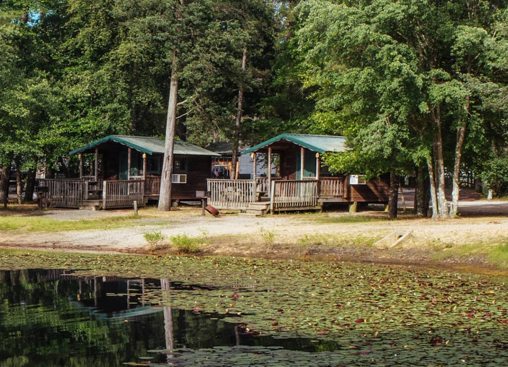Two wooden cabins with porches sit among trees near a pond covered with lily pads.